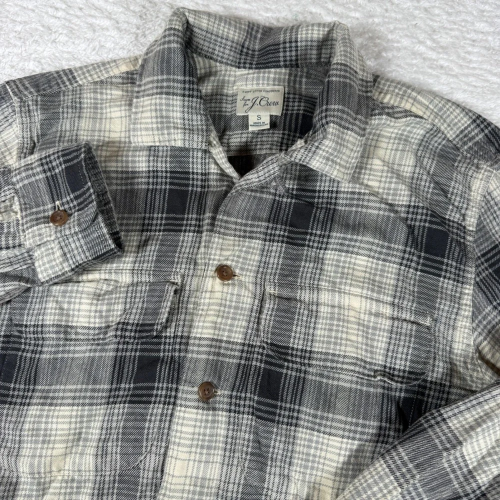 J. Crew CN407 Mens S Beige Gray Plaid L/S Button Front Cotton Hemp Shirt